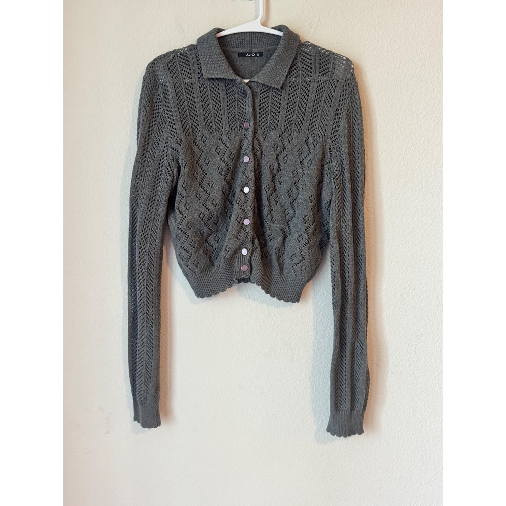 AJIO Grey Pointelle Knit Cropped Cardigan Button Front Cotton Sweater Mens M
